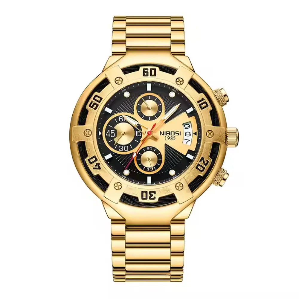 Nibosi 2577 Multifunctional Stainless Steel Fashionable Chronograph Analog Men's Watch – Dial Color: Black Gold, Strap Color: Gold – View 1