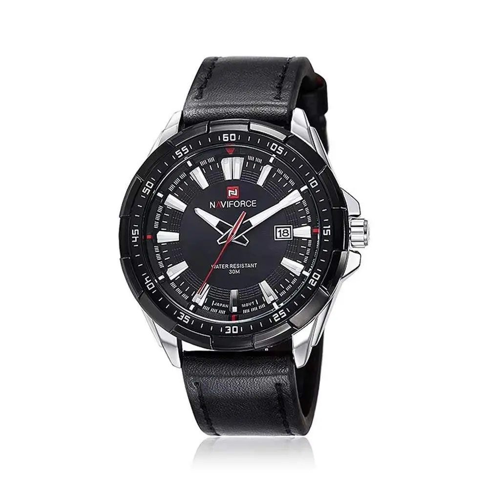 Naviforce NF9056 Comfortable Genuine Leather Strap Quartz Men' Fashion Watch  – Dial Color: Black, Strap Color: Black – View 1