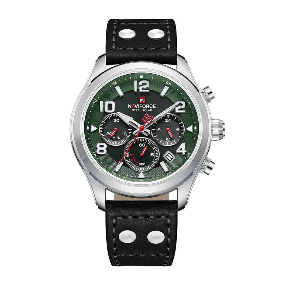 NAVIFORCE NF1006 Solar-Powered Movement Luminous Men Watch – Dial Color: Green, Strap Color: Black – View 1