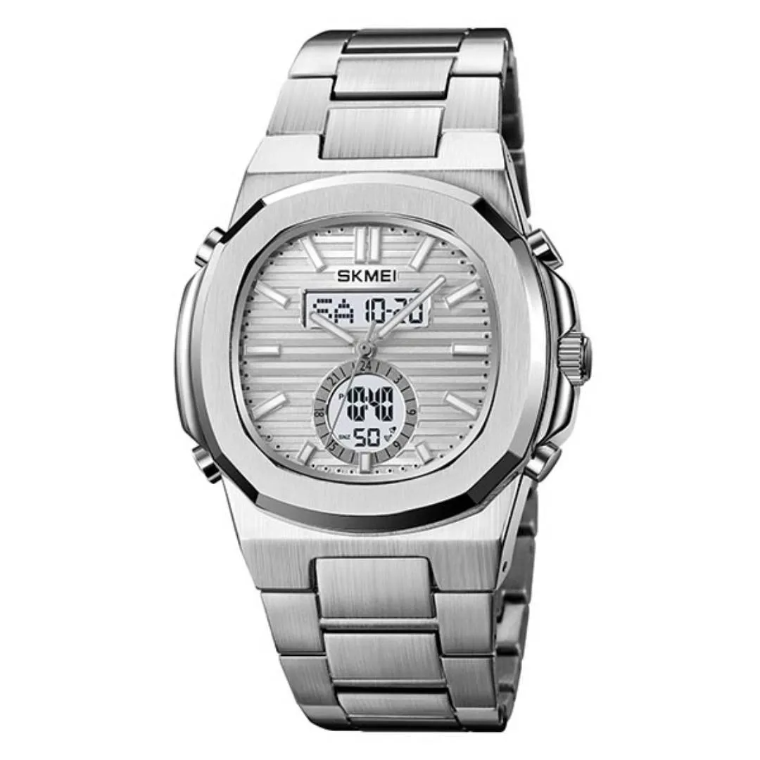 Skmei 2279 Dual Time Stainless Steel Digital Men's Watch – Dial Color: Silver, Strap Color: Silver – View 1