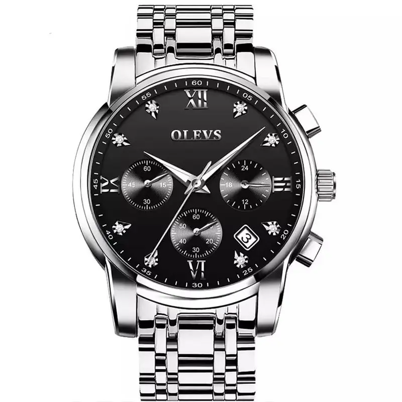 OLEVS 2858 Stainless Steel Waterproof Chronograph Luminous Men's Watch – Dial Color: Black, Strap Color: Silver – View 1