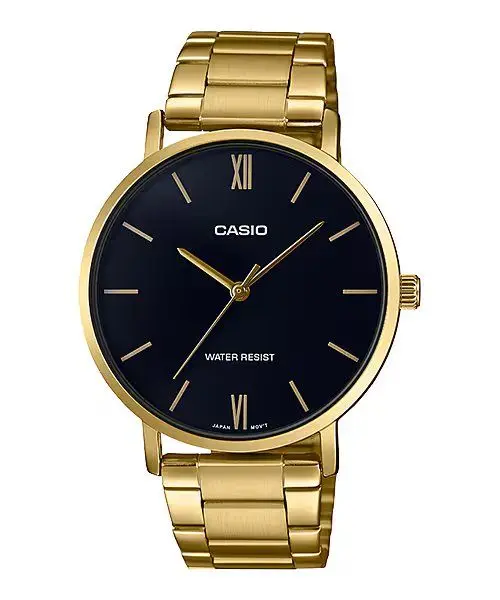 Casio MTP-VT01D-2BUDF Enticer Men's Analog Stainless Steel Chain Wristwatch – Dial Color: Black, Strap Color: Gold – View 1