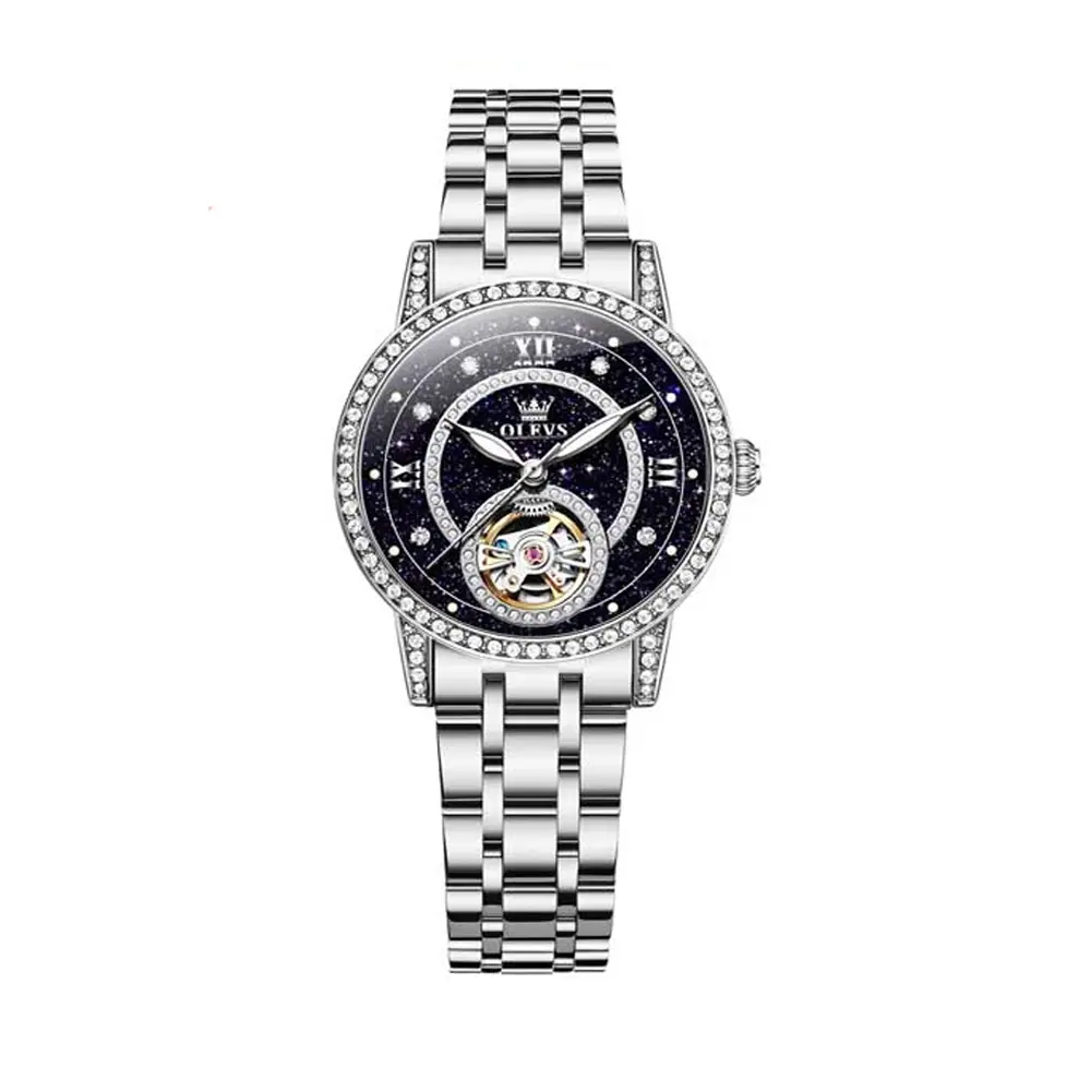 OLEVS 7036 Luminous Hands Mechanical Waterproof Lady Watch – Dial Color: Black, Strap Color: Silver – View 1