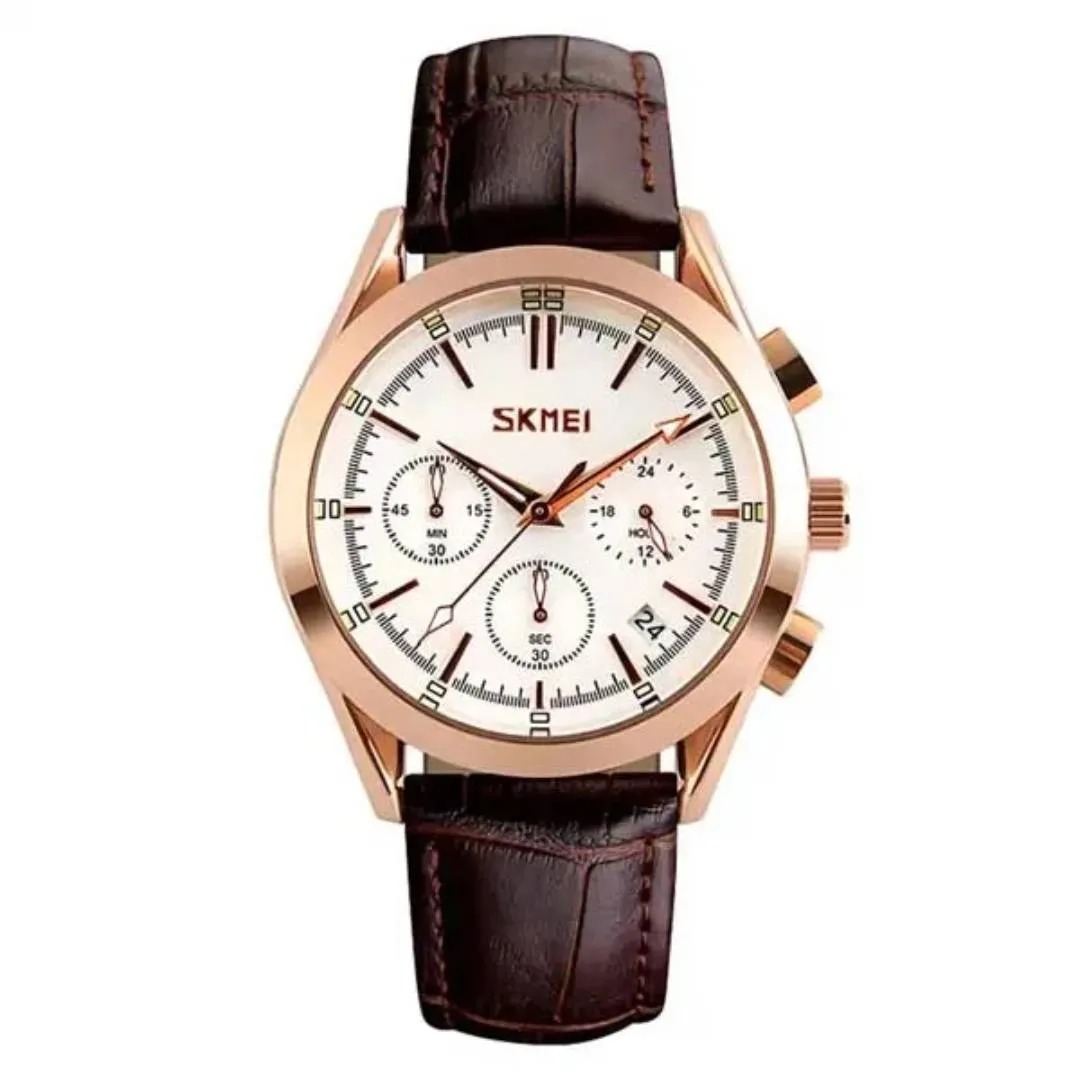 SKMEI 9127 Quartz Analog Leather Strap Casual Men's Watch – Dial Color: White, Strap Color: Rose – View 1