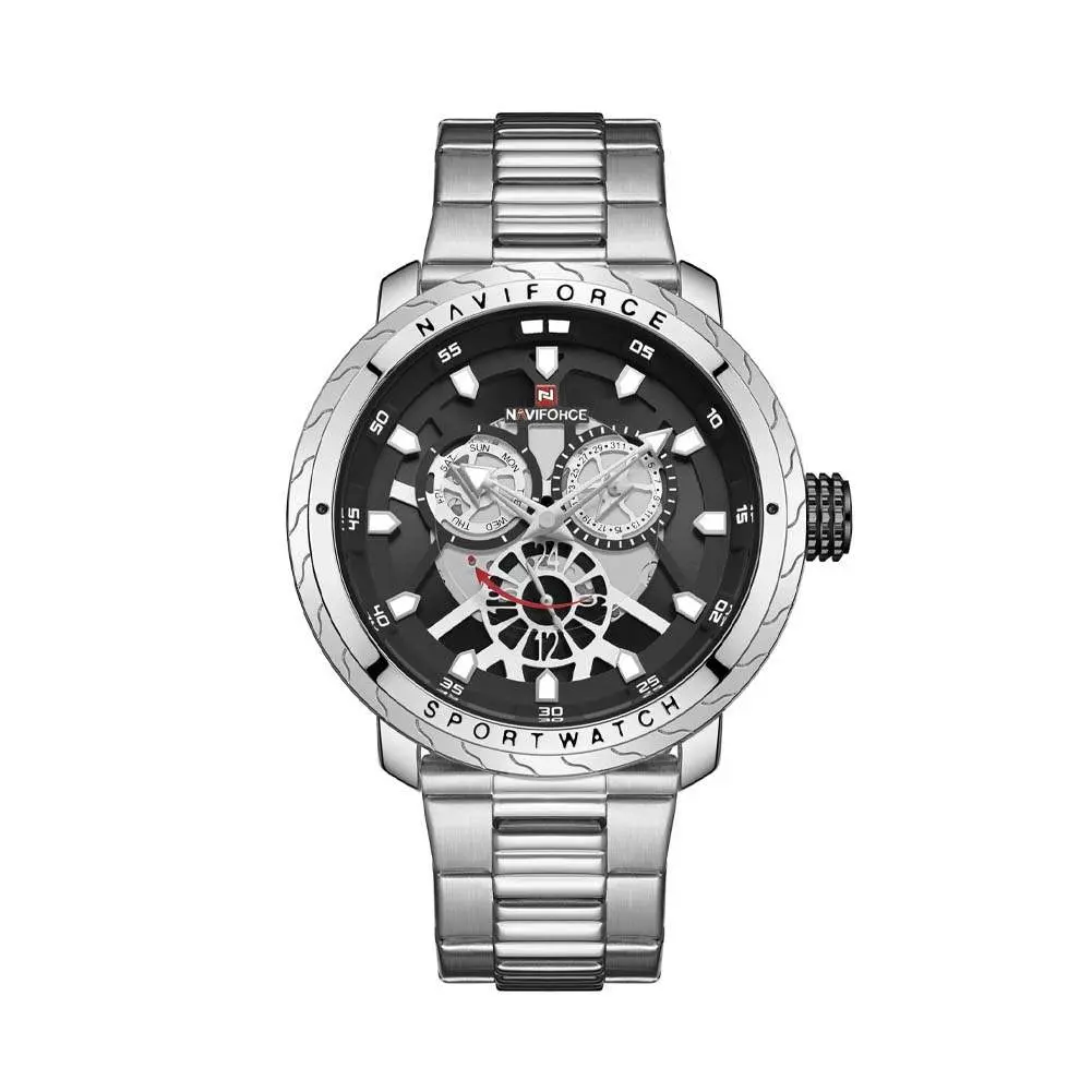Naviforce NF9158 Luxury Stainless Steel Multifunctional Quartz Men's Watch – Dial Color: Silver, Strap Color: Silver – View 1