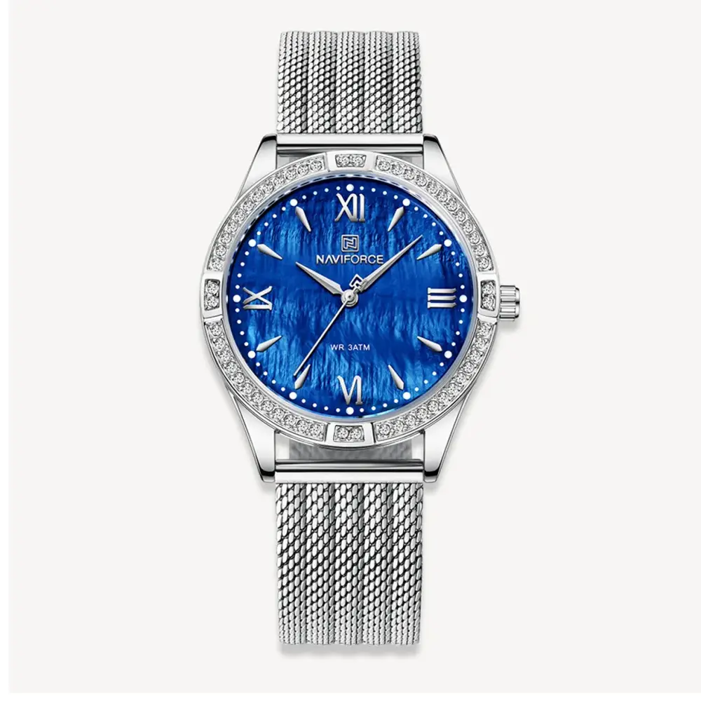NAVIFORCE NF5028 Elegance casual Diamond Female Quartz Wristwatches – Dial Color: Blue, Strap Color: Silver – View 1