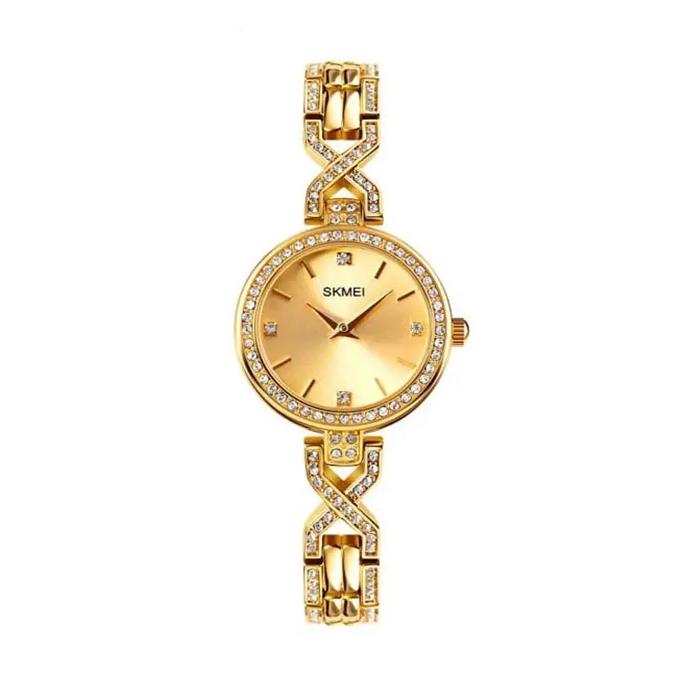 SKMEI 1738 Iced Elegant Round Dial Diamond Rhinestone Bracelet Design Women Watch – Dial Color: Gold, Strap Color: Gold  – View 1