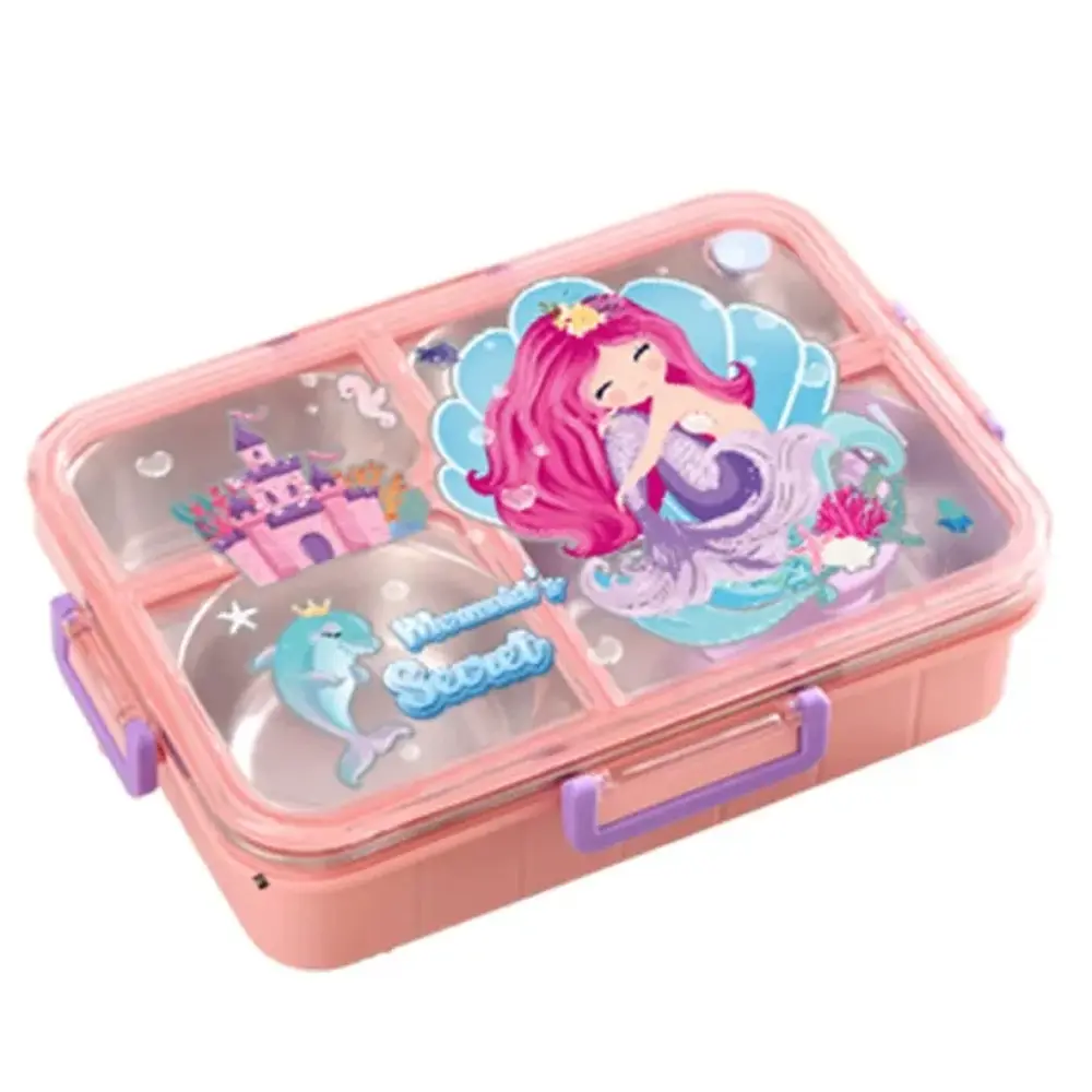 Kids Cartoon 4-Compartment Lunch Box with Spoon & Chopsticks – Color: Pink – View 1