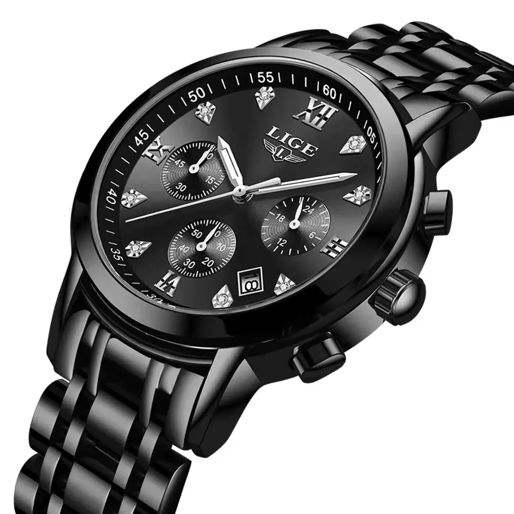 LIGE 10020 Analog Premium Stainless Steel Luxury Men's Watch – Dial Color: Black, Strap Color: Black – View 1