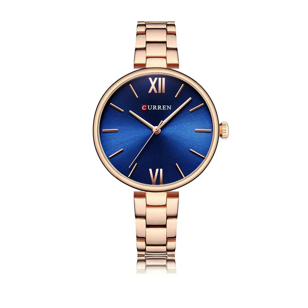 Curren 9017 Stainless Steel Analog Wrist Watch for Women – Dial Color: Blue, Strap Color:  Brown  – View 1