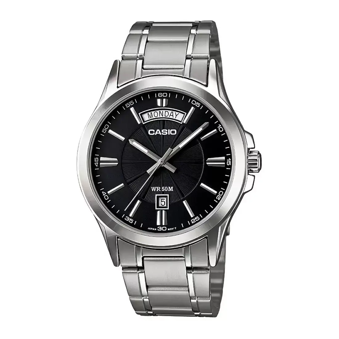CASIO MTP-1381D-7AVDF ENTICER Stainless Steel Silver Chain Men's Water Resistant Watch – Dial Color: Black, Strap Color: Silver – View 1
