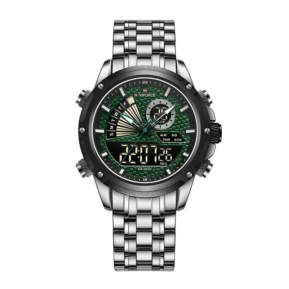 NAVIFORCE NF9205 Mechanical Style Dual Display Sports Men’s Watch – Dial Color: Green, Strap Color: Silver – View 1