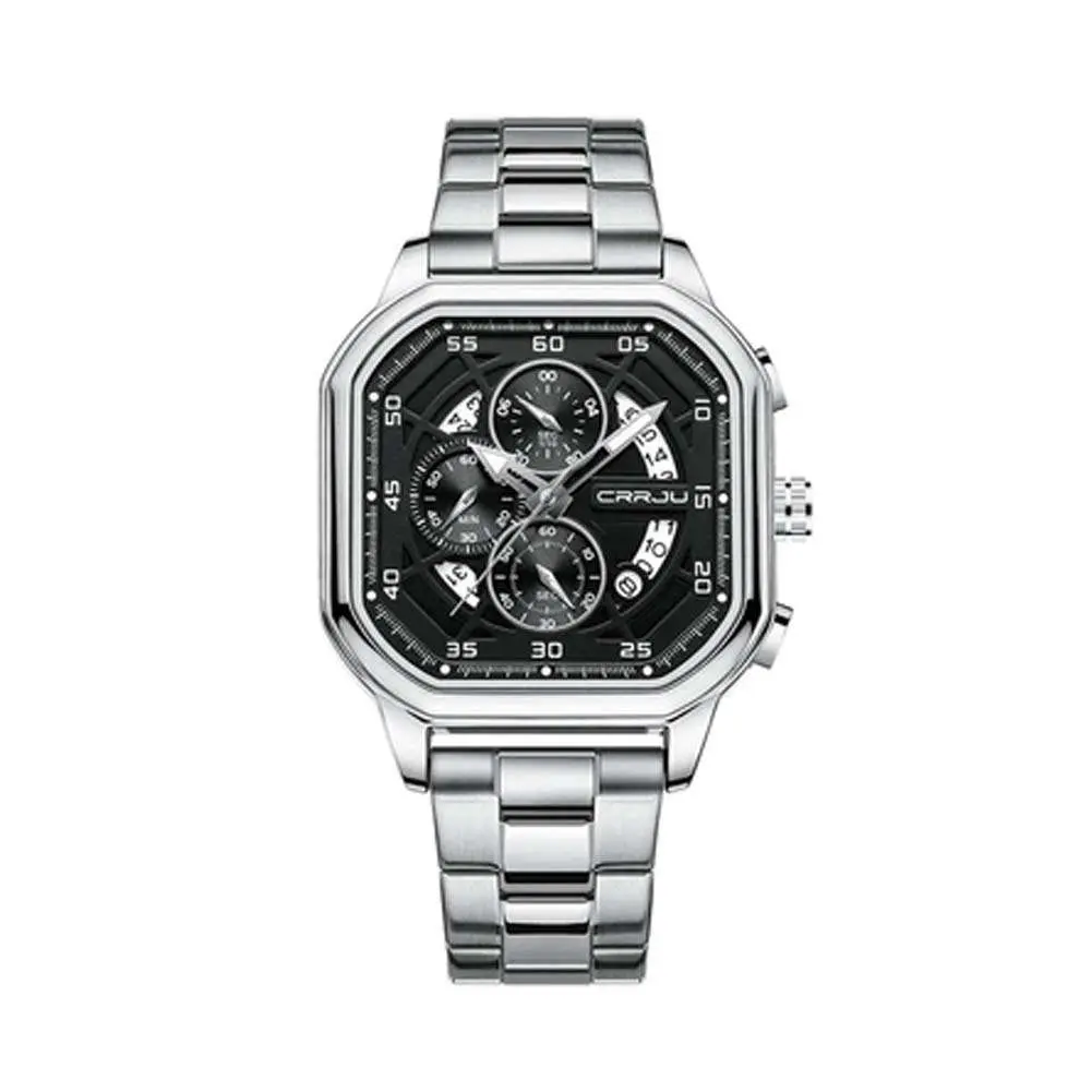 CRRJU 2314 Stainless Steel Square Dial Quartz Luxury Fashion Men's Watch – Dial Color: Black, Strap Color: Silver – View 1