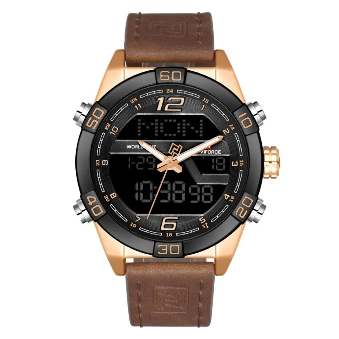 NAVIFORCE NF9128 Dual Display PU Leather Men's Watch – Dial Color: Rose, Strap Color:  Brown  – View 1