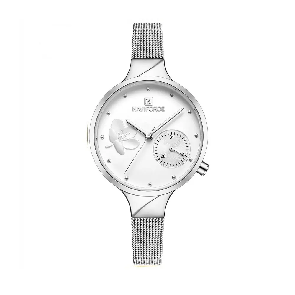NAVIFORCE NF5001 PU Leather Sub-Dial Chronograph Watch For Women – Dial Color: White, Strap Color: White – View 1
