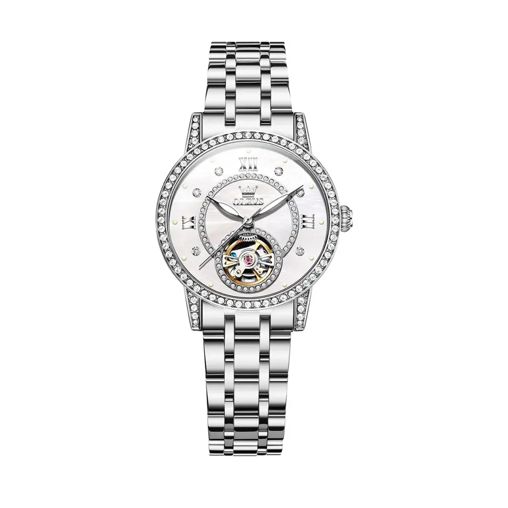 OLEVS 7036 Luminous Hands Mechanical Waterproof Lady Watch – Dial Color: White, Strap Color: Silver – View 1