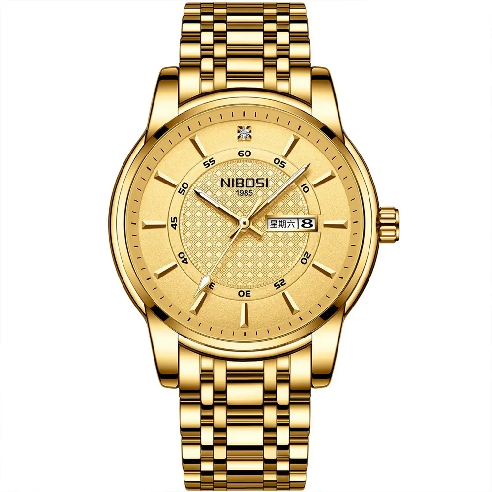 Nibosi 2381 Luxury Stainless Steel Analog Men's Watch – Dial Color: Gold, Strap Color: Gold  – View 1