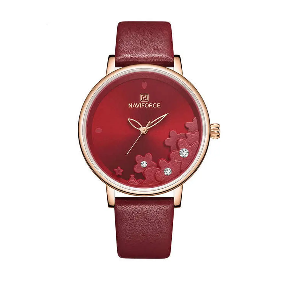 NAVIFORCE NF5012 PU Leather Analog Watch For Women – Dial Color: Red, Strap Color: Red – View 1