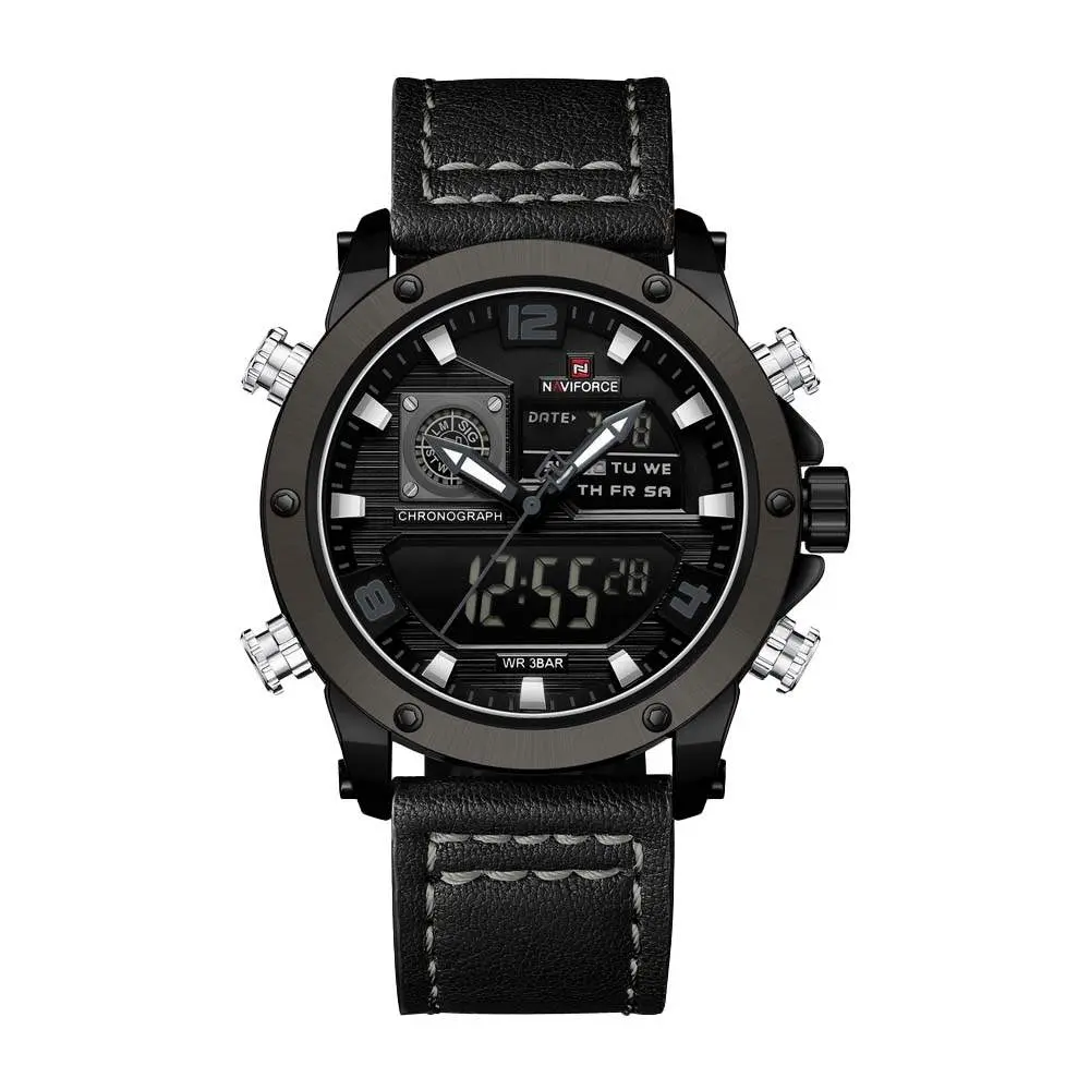 Naviforce NF9236 Military Style Comfortable Leather Strap Dual Movement Sports Men’s Watch – Dial Color: Grey, Strap Color: Black – View 1