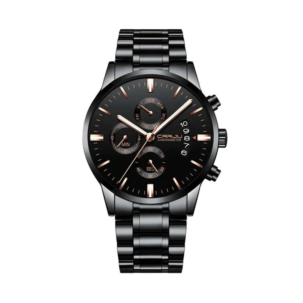 CRRJU 2222 High Quality Stainless Steel Multifunctional Analog Quartz Classic Men's Watch – Dial Color: Black, Strap Color: Silver – View 1