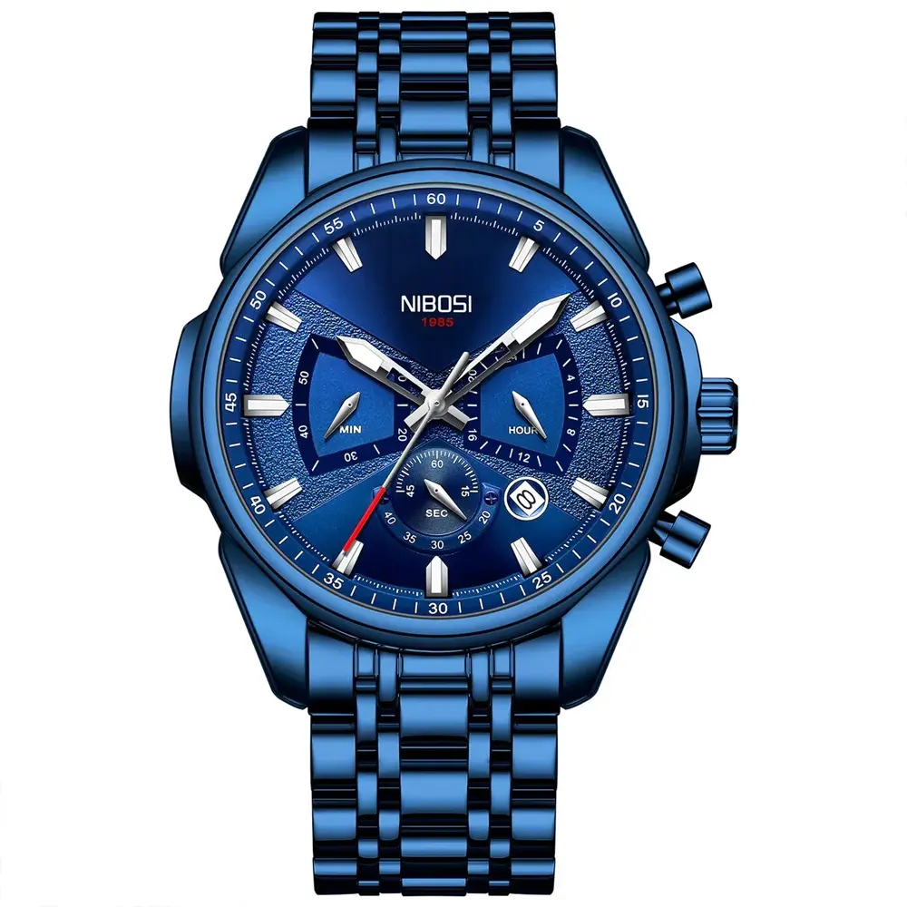 Nibosi 2508 Luxury Stainless Steel Luminous Needles Men's Watch – Dial Color: Blue, Strap Color: Blue – View 1