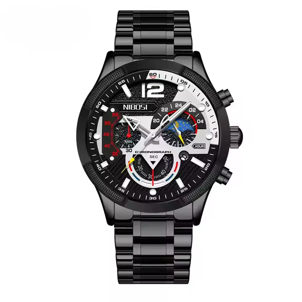NIBOSI 2397 Luxury Stainless Steel Analog Men's Watch – Dial Color: White, Strap Color: Black – View 1