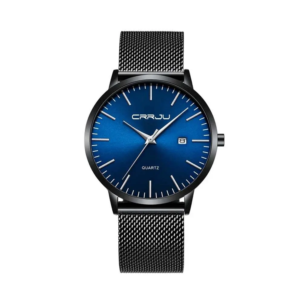 CRRJU 2172 High-Quality Slim Stainless Steel Strap Analog Quartz Formal Men’s Watch – Dial Color: Silver, Strap Color: Blue – View 1