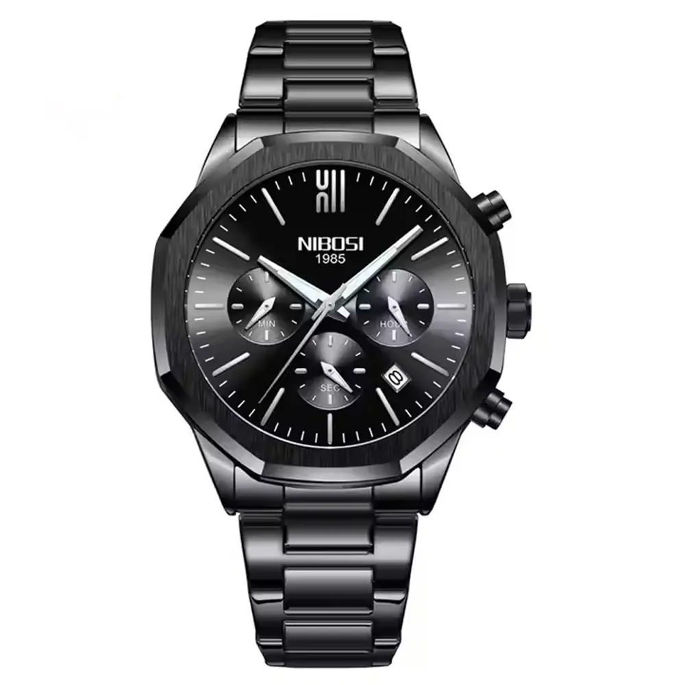 Nibosi 2519 Stainless Steel Quartz Chronograph Fashionable Men's Watch – Dial Color: Black, Strap Color: Black – View 1