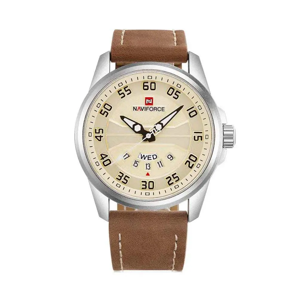 Naviforce NF9124 Luxury Leather Strap Quartz Analog Casual Style Fashion Men's Watch – Dial Color: Silver, Strap Color:  Brown  – View 1