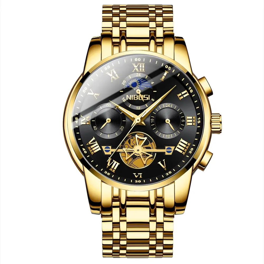 Nibosi 2507  Luxury Stainless Steel Waterproof Men's Watch – Dial Color: Black, Strap Color: Gold – View 1