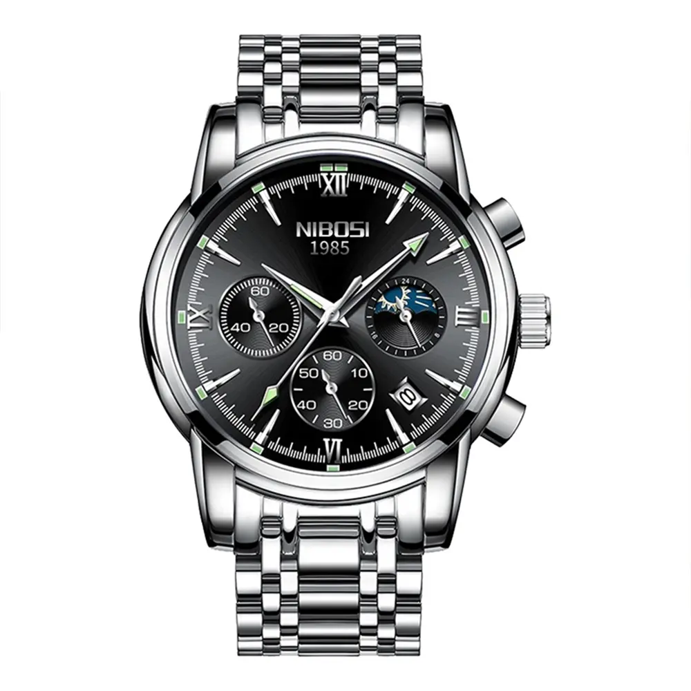 Nibosi 2516 High Quality Stainless Steel Luminous Men's Watch – Dial Color: Black, Strap Color: Silver – View 1