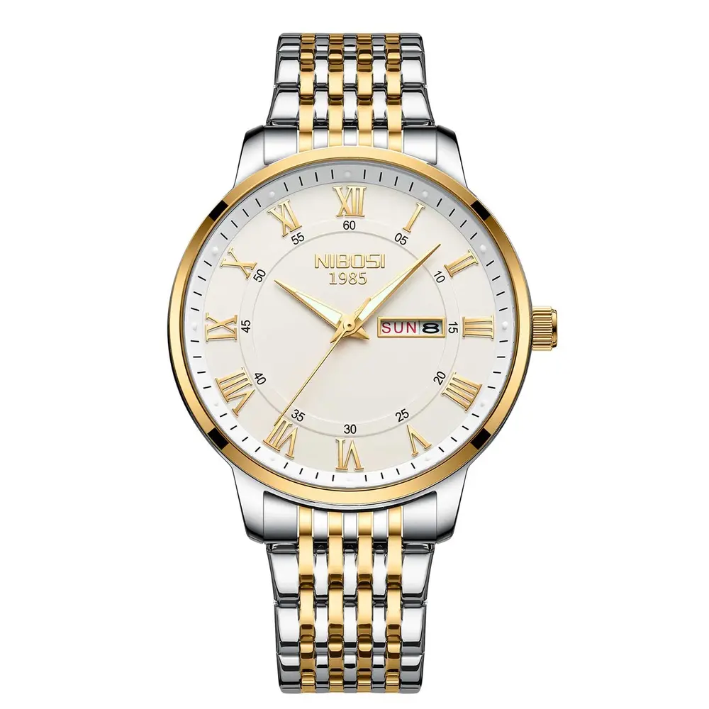 Nibosi 2569 Roman Number With Stainless Steel Analog Men's Watch – Dial Color: White Gold, Strap Color: White Gold – View 1