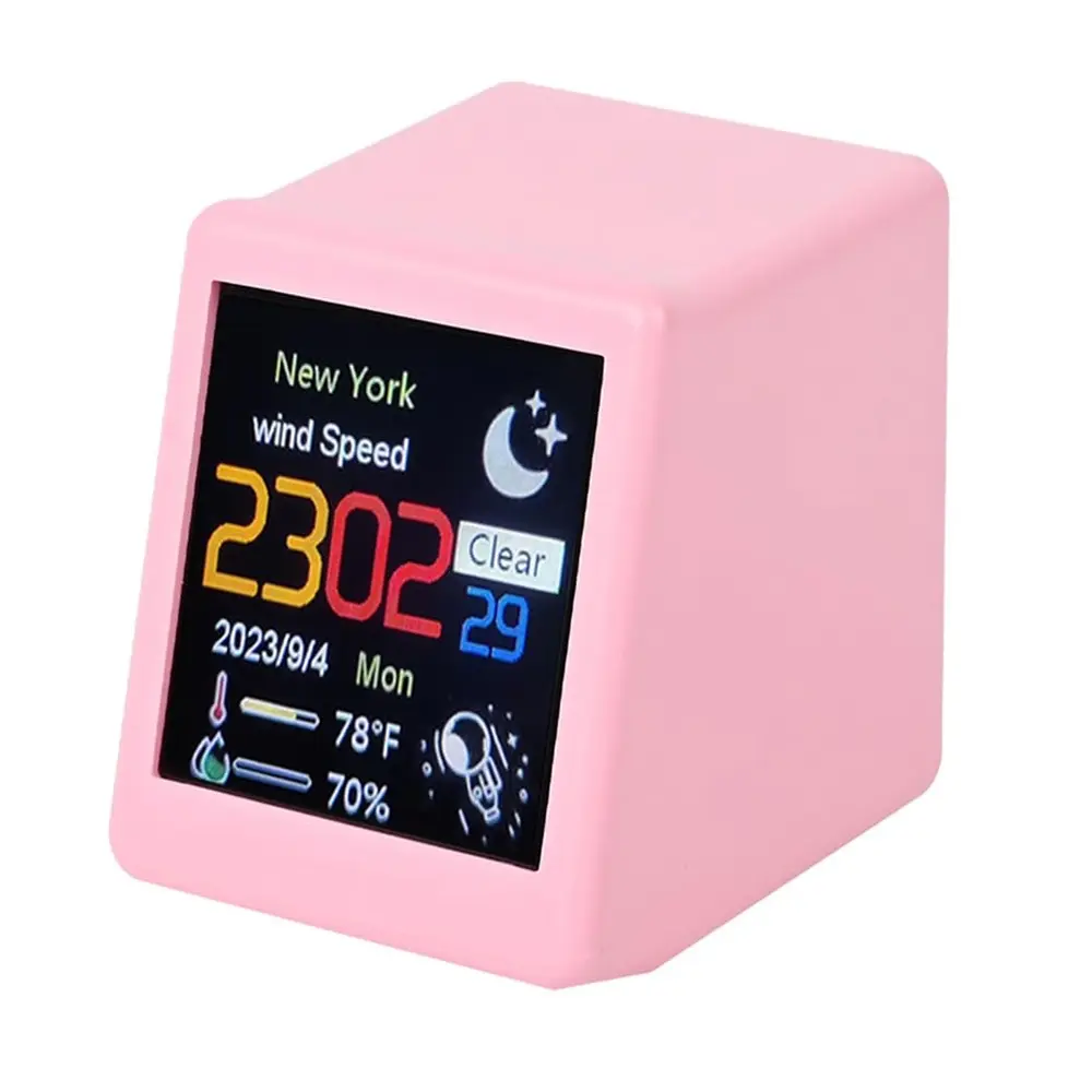 LCD Digital Smart Weather Desktop Thermometer Small Table Clock – Color: Pink – View 1
