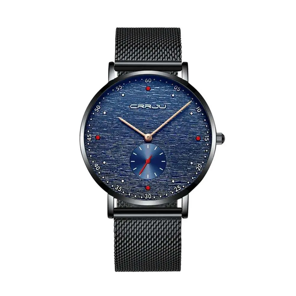 CRRJU 2163 Minimalist Stainless Steel Multifunctional Analog Quartz Men's Watch – Dial Color: Blue, Strap Color: Black – View 1