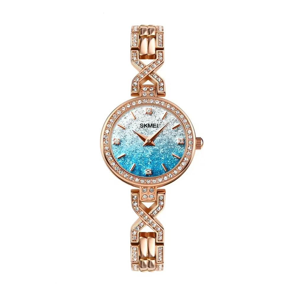 SKMEI 1738 Iced Elegant Round Dial Diamond Rhinestone Bracelet Design Women Watch – Dial Color: Blue, Strap Color:  Brown  – View 1