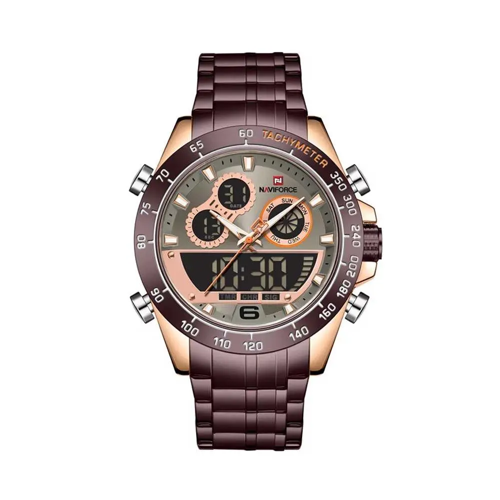 Naviforce NF9188 Luxury Stainless Steel Strap Analog Digital Sports Men's Watch – Dial Color: Rose Gold, Strap Color: Maroon – View 1