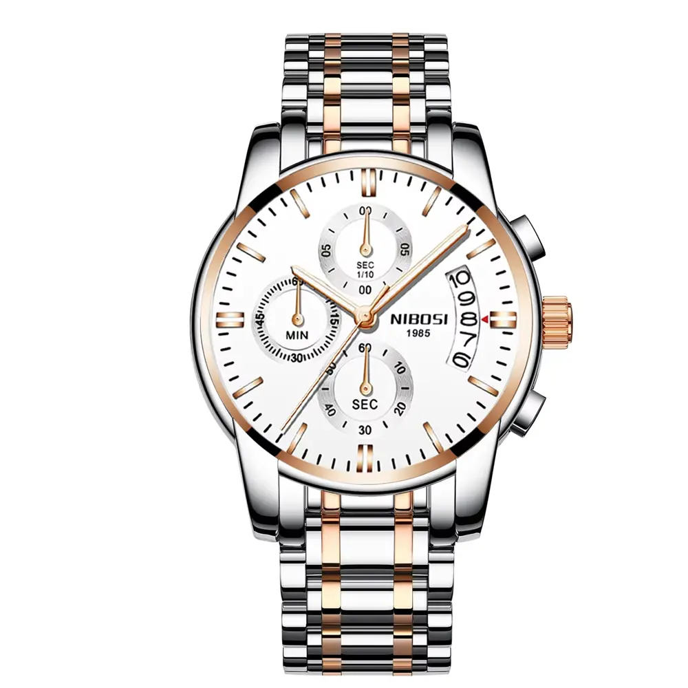 Nibosi 2353 High Quality Stainless Steel Analogue Men's Watch  – Dial Color: White, Strap Color: White – View 1