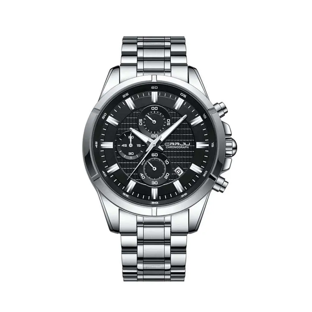 CRRJU 2308 Luxury Redefined Stainless Steel Analog Quartz Men's Watch – Dial Color: Black, Strap Color: Silver – View 1