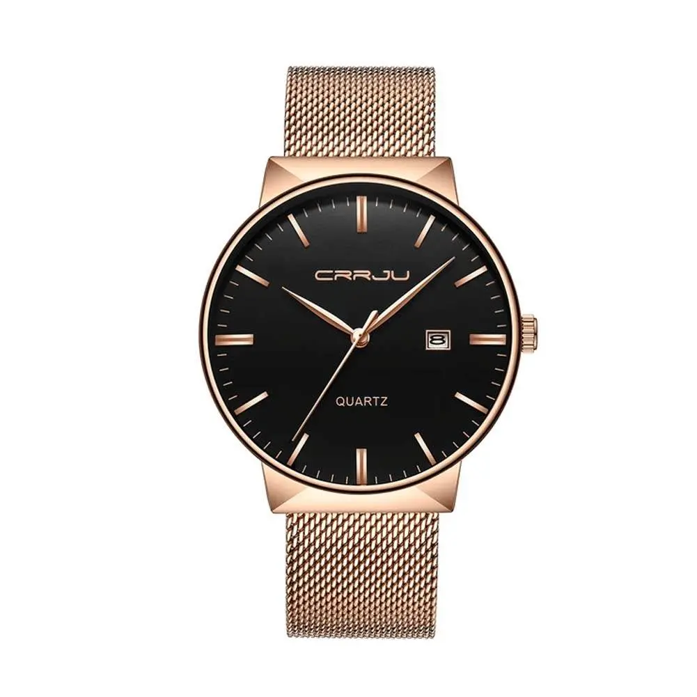 CRRJU 2213 Ultrathin Stainless Steel Multifunctional Analog Quartz Men's Watch – Dial Color: Black, Strap Color: Rose Gold – View 1