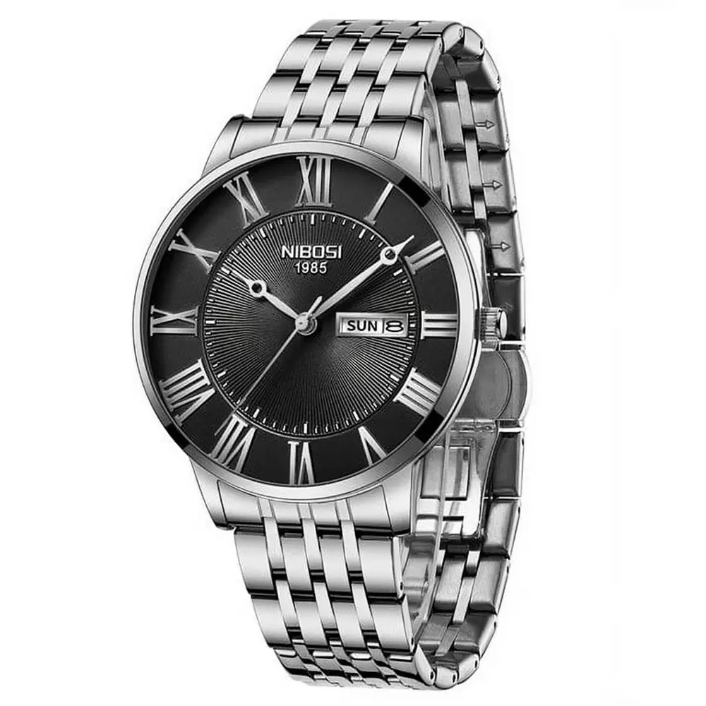  Nibosi 2527 Classic Stainless Steel Analog Fashion Men's Watch – Dial Color: Black, Strap Color: Silver – View 1