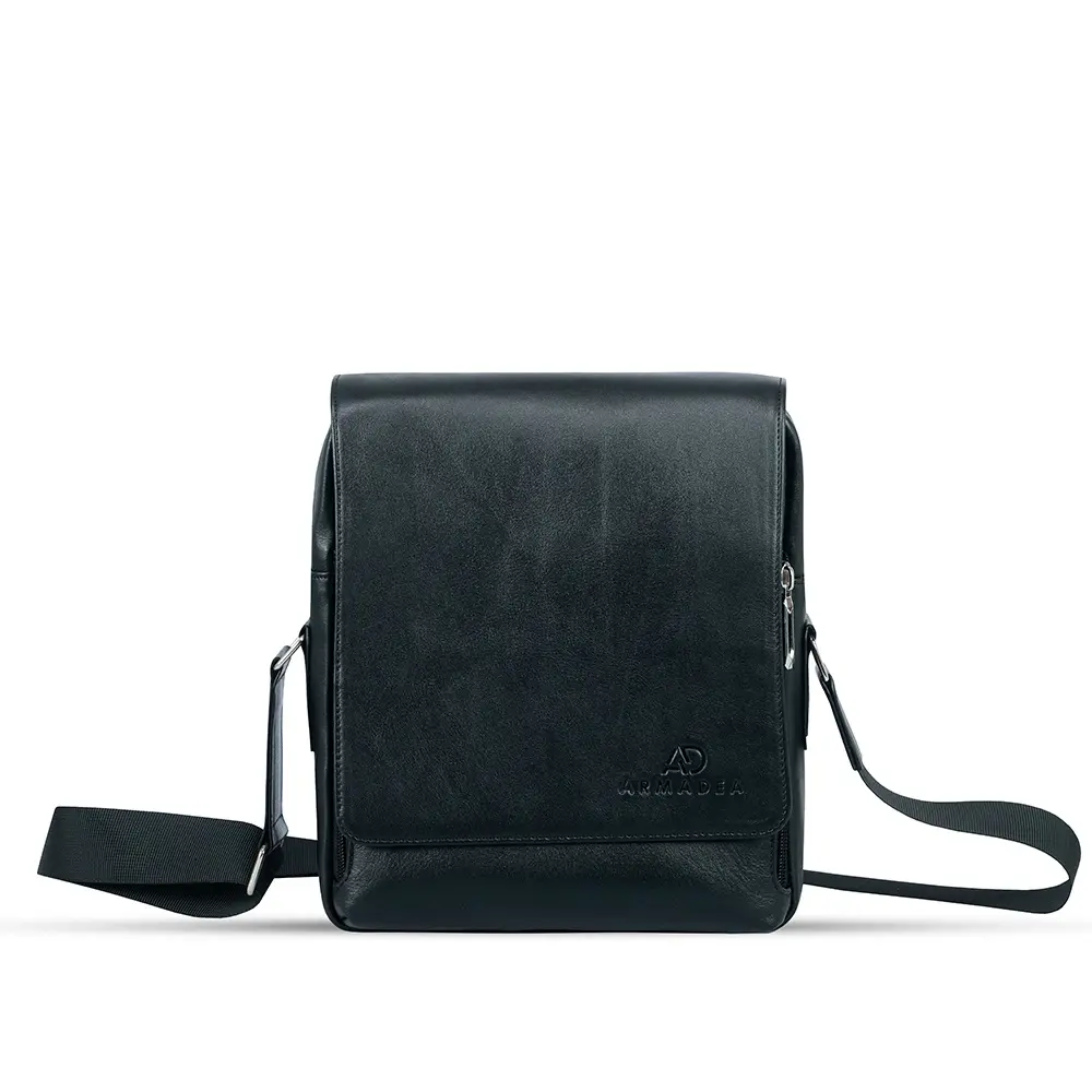 Premium Leather Brass Metal Nano Messenger Bag – Color: Black – View 1