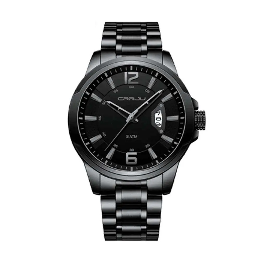CRRJU 2191 High Quality Stainless Steel Analog Quartz Men's Watch – Dial Color: Black, Strap Color: Black – View 1