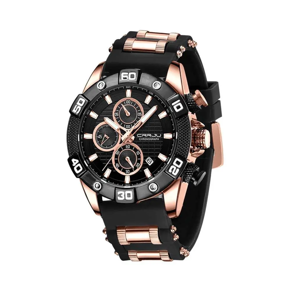 CRRJU 2291 Comfortable Silicone Strap Quartz Rugged Construction Sport Men's Watch – Dial Color: Black, Strap Color: Rose Gold – View 1