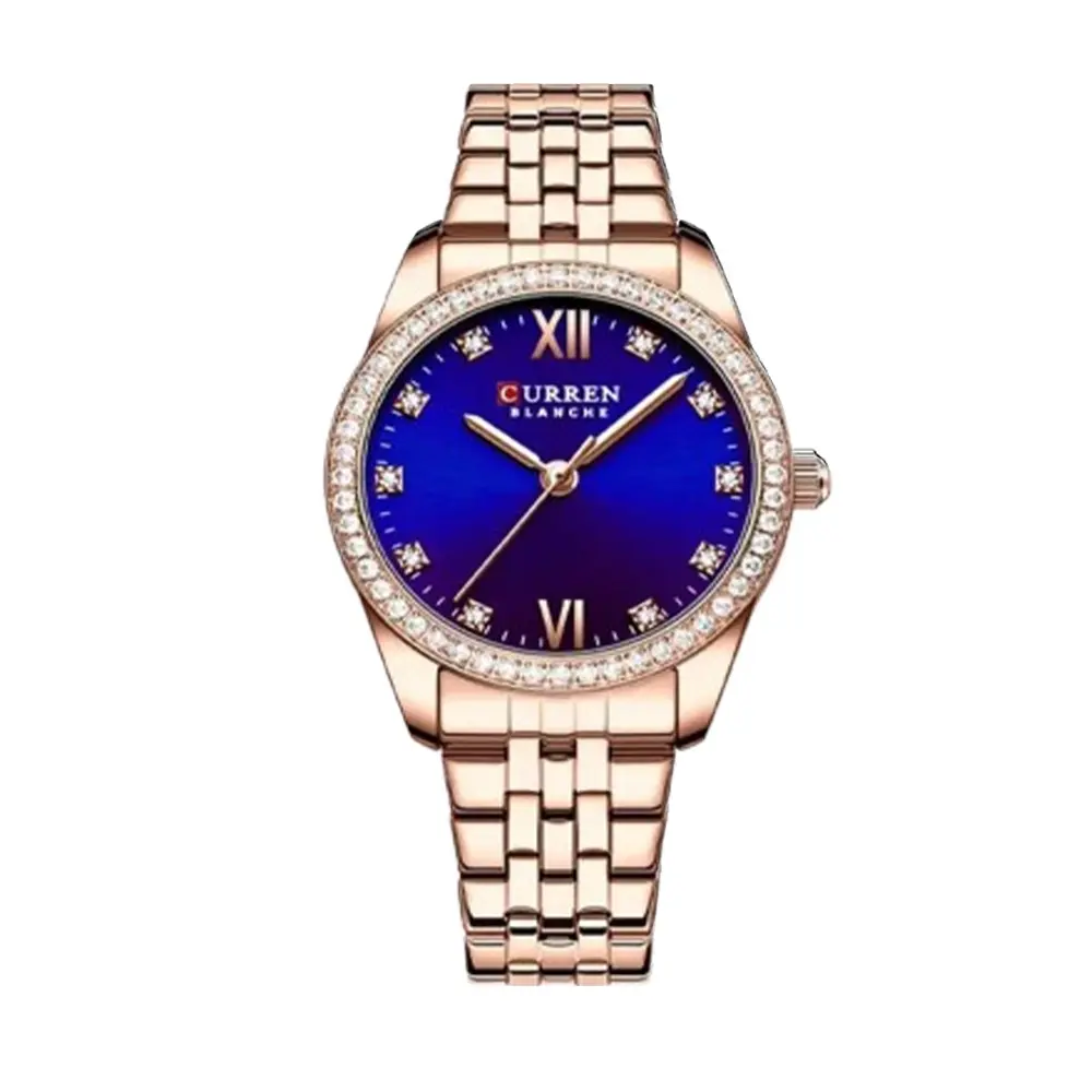 CURREN 9086 Quartz Movement Stainless Steel Women Watch – Dial Color: Blue, Strap Color:  Brown  – View 1