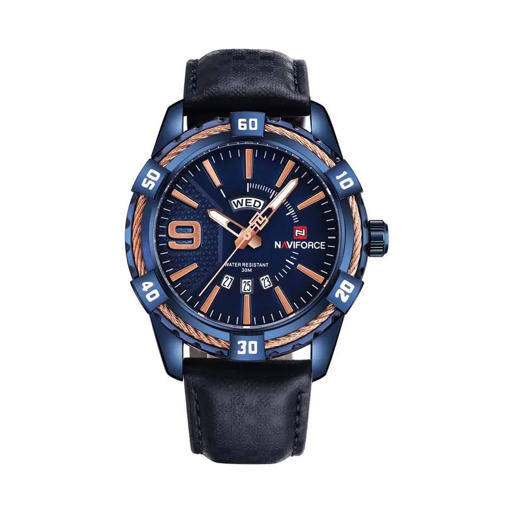 Naviforce NF9117L Comfortable Leather Strap Luxury Fashion and Sports Men's Watch – Dial Color: Bronze, Strap Color: Blue – View 1