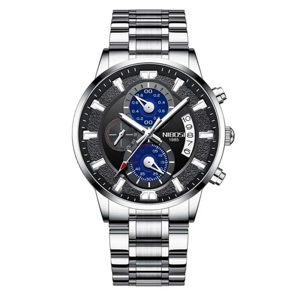Nibosi 2382 Luxury Stainless Steel Waterproof Men's Watch – Dial Color: Black, Strap Color: Silver – View 1