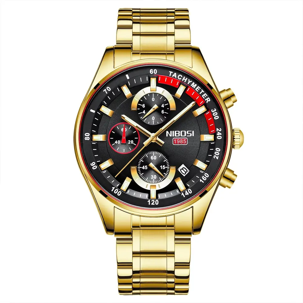 Nibosi 2375 High Quality Stainless Steel Analog Men's Watch – Dial Color: Black Gold, Strap Color: Silver – View 1