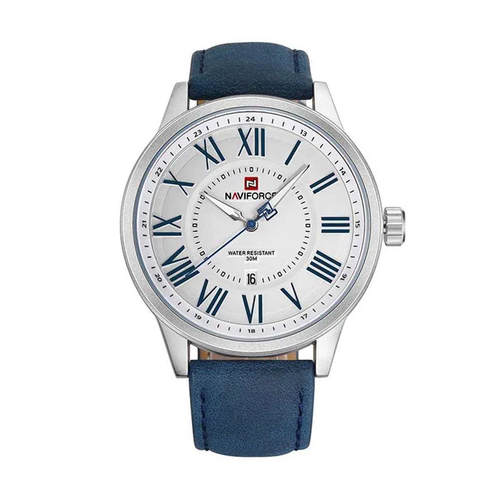 Naviforce NF9126 Luxury Genuine Leather Strap Casual Fashion Men's Watch – Dial Color: Silver, Strap Color: Blue – View 1
