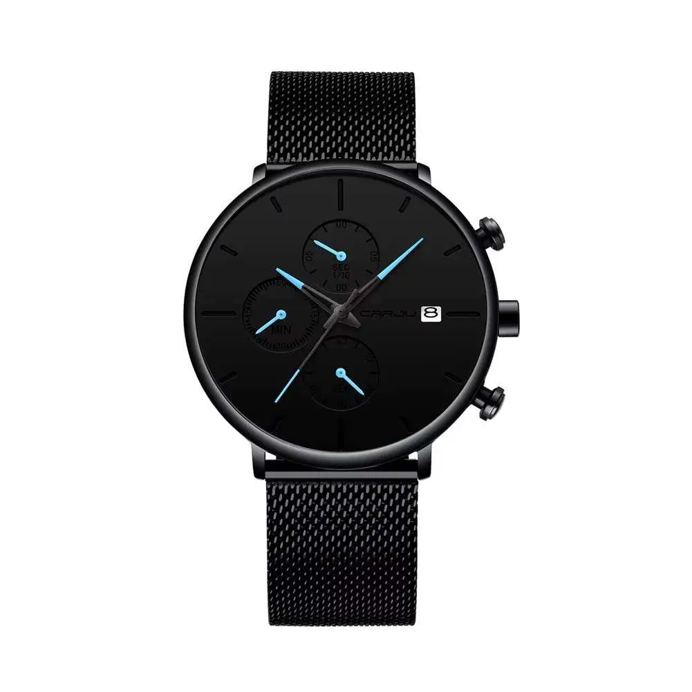 CRRJU 2268 Luxury Black Mesh Steel Band Chronograph Casual Fashion Men’s Watch – Dial Color: Blue, Strap Color: Black – View 1