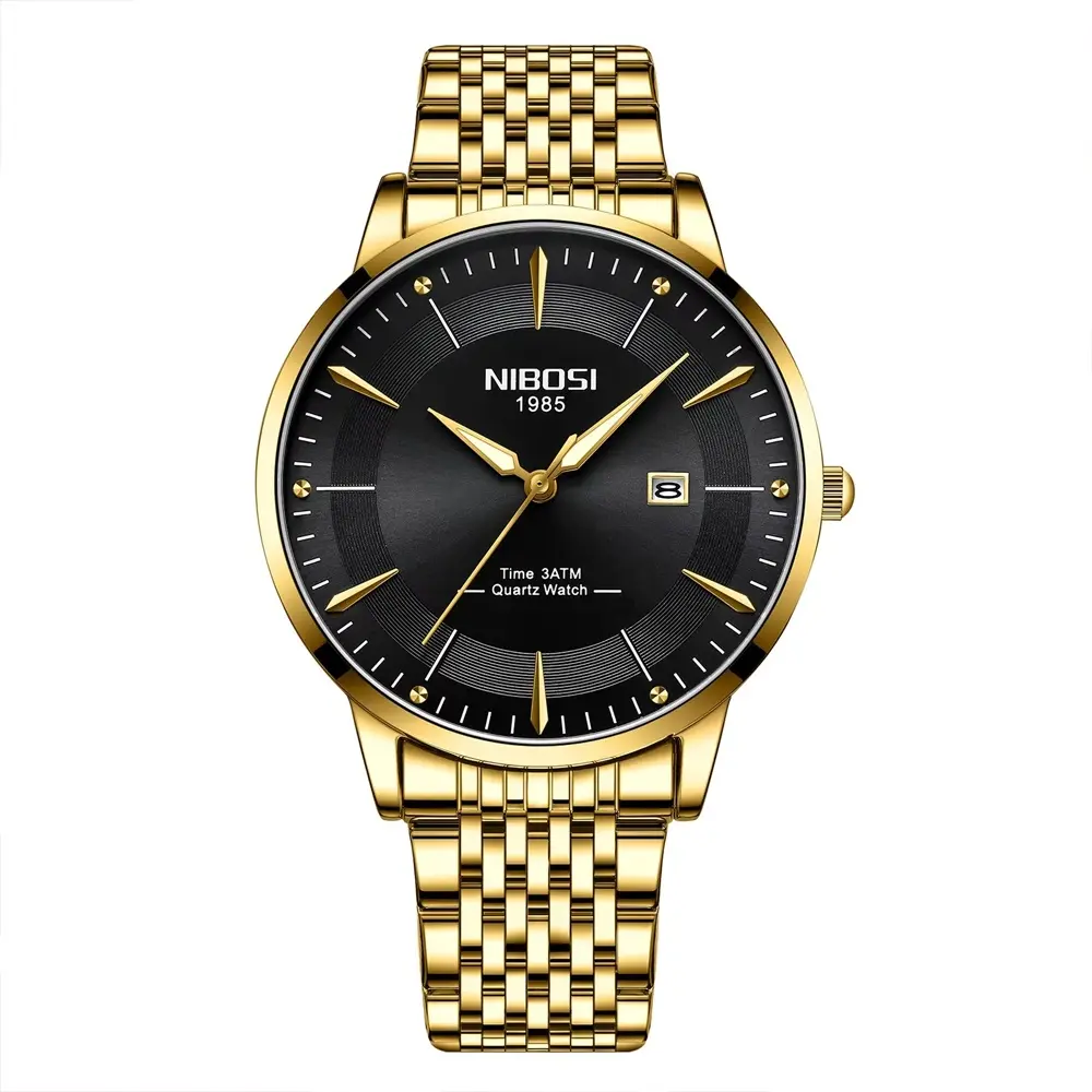 Nibosi 2525 Classic Stainless Steel Analog Fashion Men's Watch – Dial Color: Black Gold, Strap Color: Gold – View 1